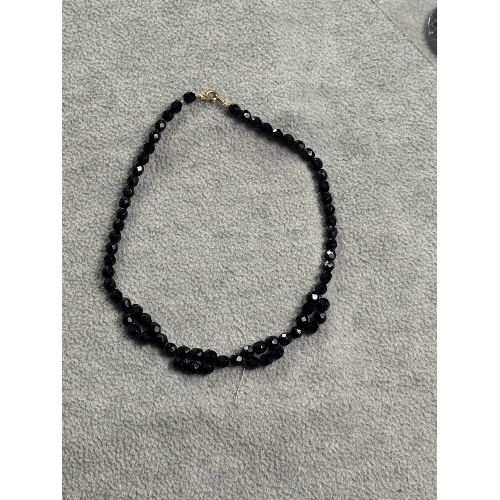 Vintage Black Faceted Glass Bead Knotted Necklace Gold Tone Clasp 18 Inch